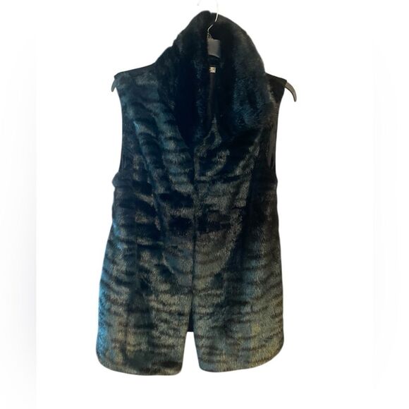 Albert Makali Sz L Elegant Black Green Tint Faux Funky Fun Fur Sleeveless Vest - Picture 2 of 11
